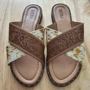 Myra Genuine Leather Cowhide Tooled Western Slide Sandals Size 9 Boho